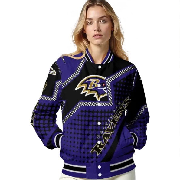 personalized baltimore ravens star burst purple varsity jacket latest model.webp