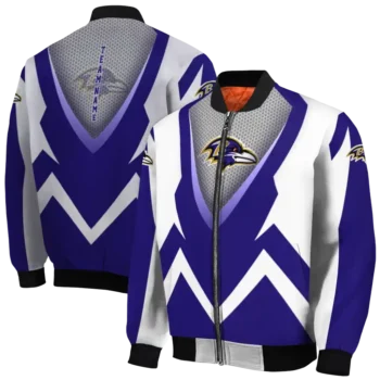 personalized baltimore ravens v stripes purple white bomber jacket fashion forward