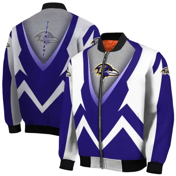 personalized baltimore ravens v stripes purple white bomber jacket fashion forward
