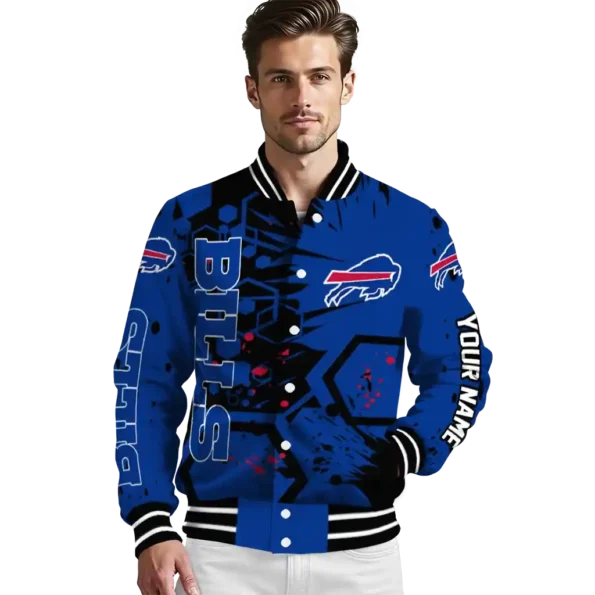 personalized buffalo bills hexagon cluster blue black varsity jacket high quality.webp
