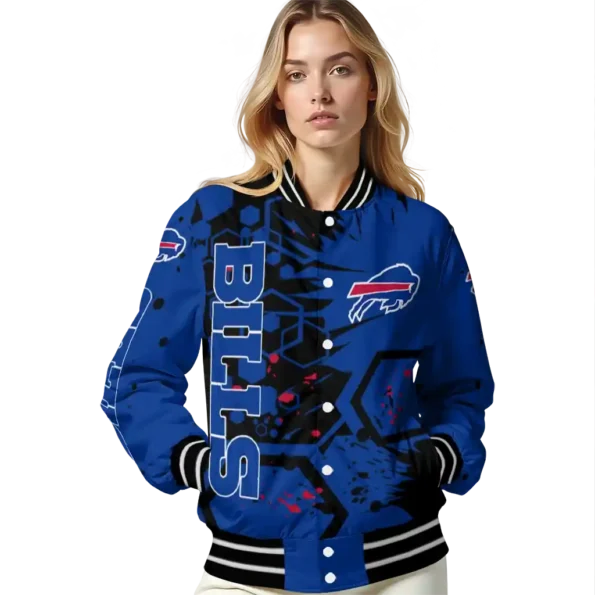 personalized buffalo bills hexagon cluster blue black varsity jacket latest model.webp
