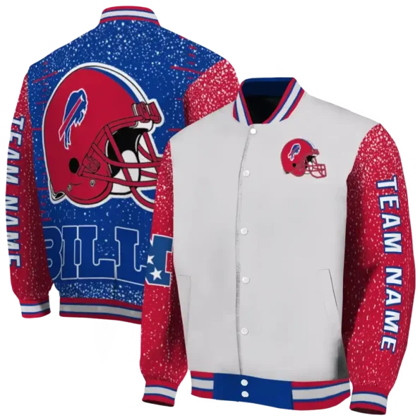 personalized buffalo bills speckled arms blue gray varsity jacket fashion forward.webp
