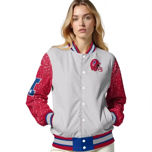personalized buffalo bills speckled arms blue gray varsity jacket latest model.webp