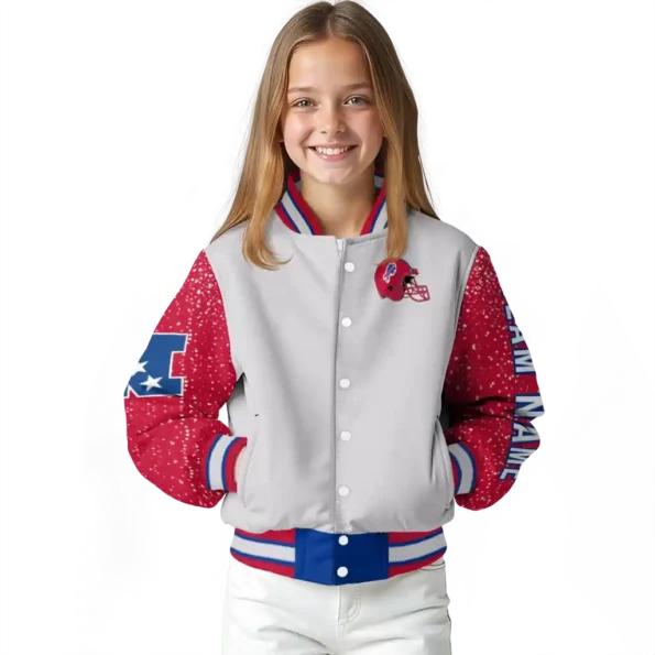 personalized buffalo bills speckled arms blue gray varsity jacket top rated.webp