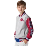 personalized buffalo bills speckled arms blue gray varsity jacket best selling.webp
