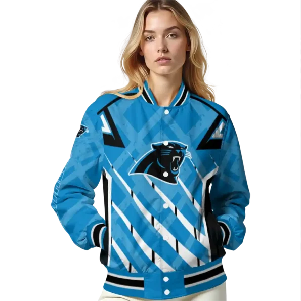 personalized carolina panthers chevron angles blue varsity jacket latest model.webp
