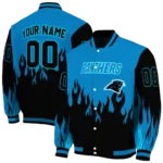 personalized carolina panthers flame border blue black varsity jacket best selling.webp