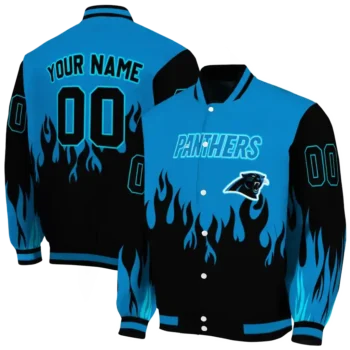 personalized carolina panthers flame border blue black varsity jacket fashion forward.webp