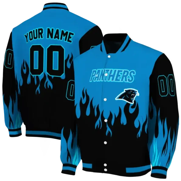 personalized carolina panthers flame border blue black varsity jacket fashion forward.webp