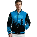 personalized carolina panthers flame border blue black varsity jacket best selling.webp