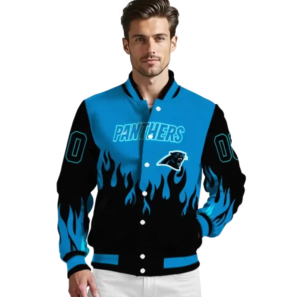 personalized carolina panthers flame border blue black varsity jacket high quality.webp