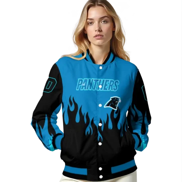 personalized carolina panthers flame border blue black varsity jacket latest model.webp