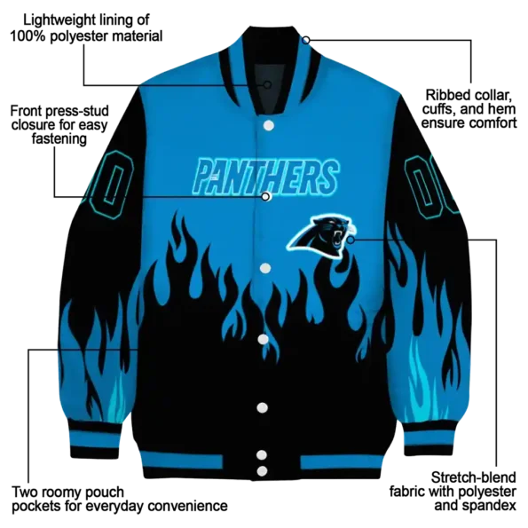 personalized carolina panthers flame border blue black varsity jacket new arrival.webp