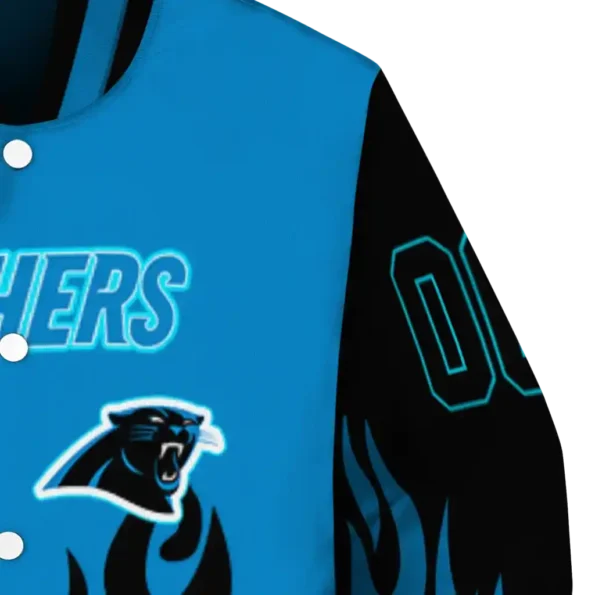 personalized carolina panthers flame border blue black varsity jacket premium grade.webp