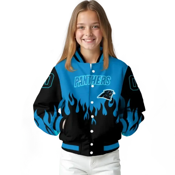 personalized carolina panthers flame border blue black varsity jacket top rated.webp