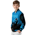 personalized carolina panthers flame border blue black varsity jacket best selling.webp