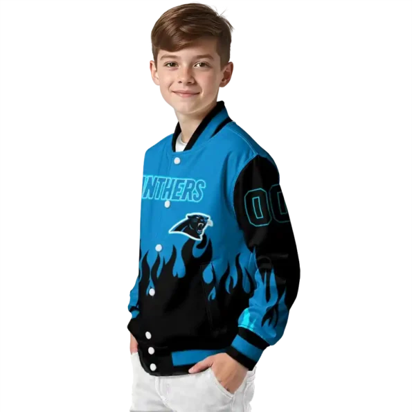 personalized carolina panthers flame border blue black varsity jacket trendy.webp