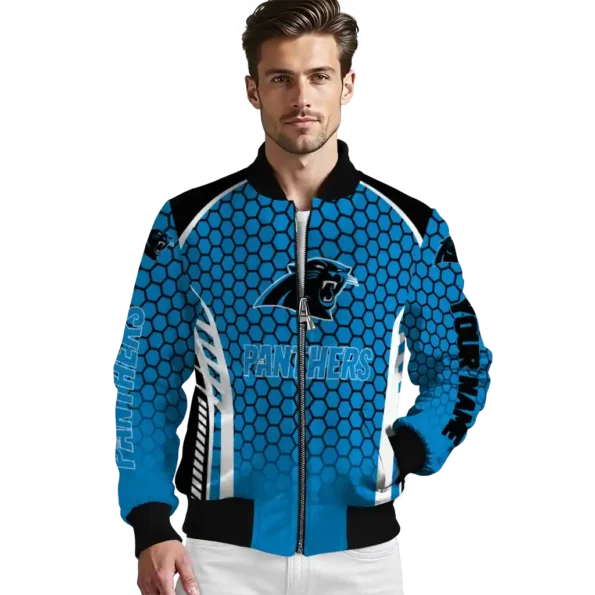 personalized carolina panthers hexagon grid blue bomber jacket high quality