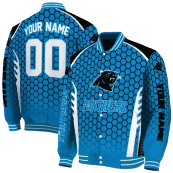 personalized carolina panthers hexagon grid blue varsity jacket fashion forward.webp