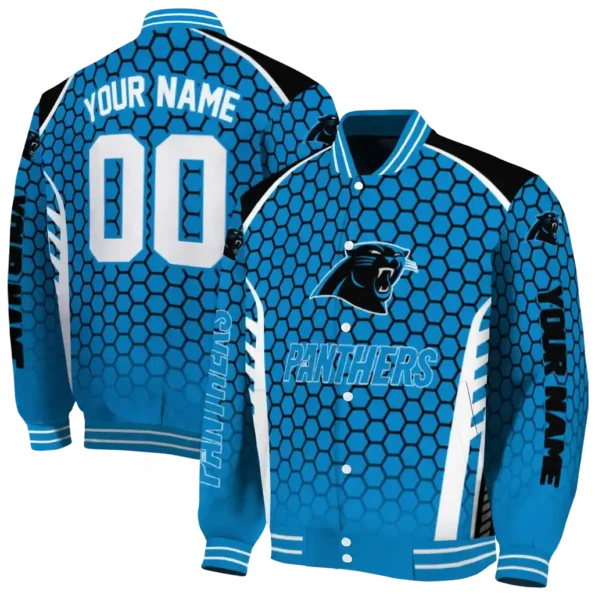 personalized carolina panthers hexagon grid blue varsity jacket fashion forward.webp