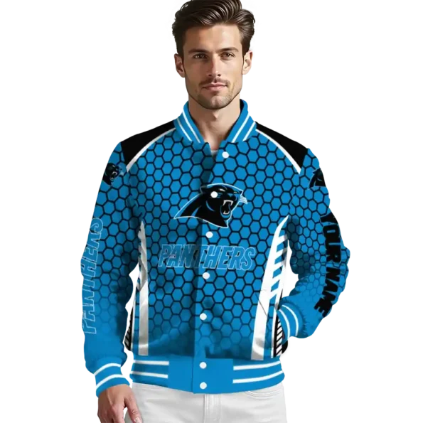 personalized carolina panthers hexagon grid blue varsity jacket high quality.webp