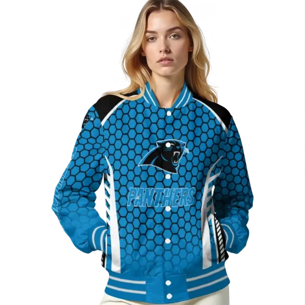 personalized carolina panthers hexagon grid blue varsity jacket latest model.webp