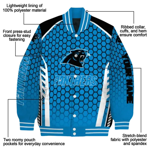 personalized carolina panthers hexagon grid blue varsity jacket new arrival.webp