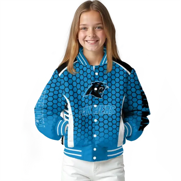 personalized carolina panthers hexagon grid blue varsity jacket top rated.webp
