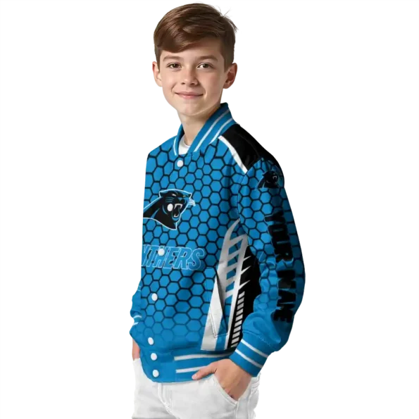 personalized carolina panthers hexagon grid blue varsity jacket trendy.webp