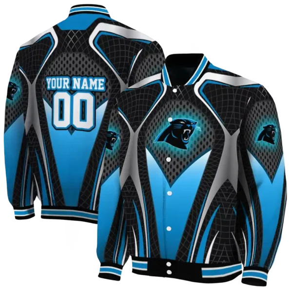 personalized carolina panthers mesh chest black crocs black varsity jacket fashion forward.webp