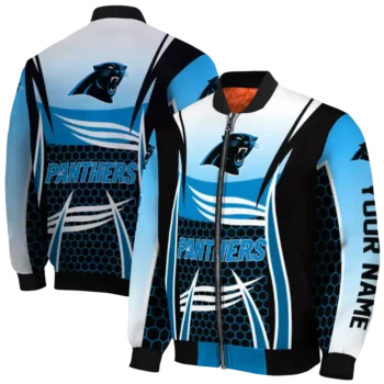 personalized carolina panthers mesh effect blue black bomber jacket fashion forward