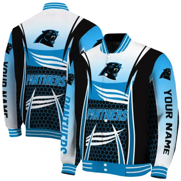 personalized carolina panthers mesh effect blue black varsity jacket fashion forward.webp
