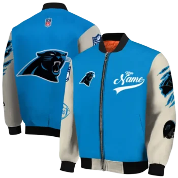 personalized carolina panthers razorback outline blue nude bomber jacket fashion forward