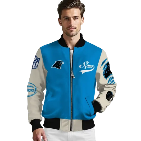 personalized carolina panthers razorback outline blue nude bomber jacket high quality