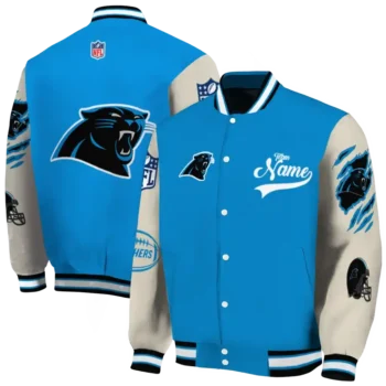 personalized carolina panthers razorback outline blue nude varsity jacket fashion forward.webp