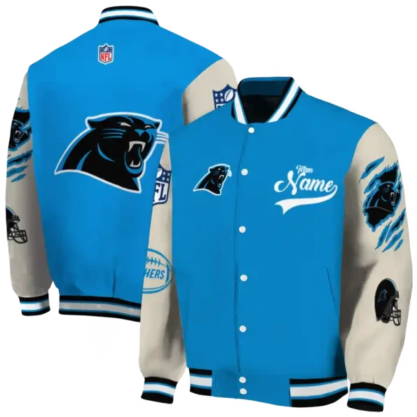 personalized carolina panthers razorback outline blue nude varsity jacket fashion forward.webp