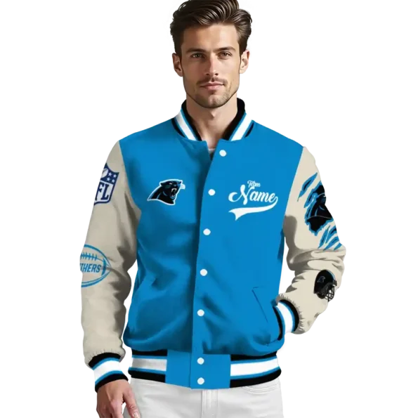 personalized carolina panthers razorback outline blue nude varsity jacket high quality.webp