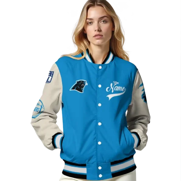 personalized carolina panthers razorback outline blue nude varsity jacket latest model.webp