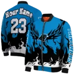 personalized carolina panthers winged blaze blue white bomber jacket best selling