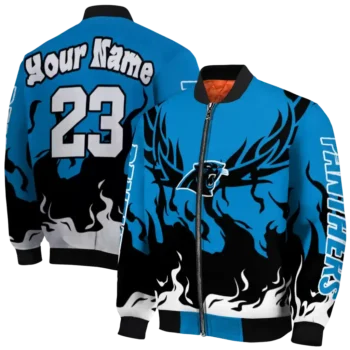 personalized carolina panthers winged blaze blue white bomber jacket fashion forward