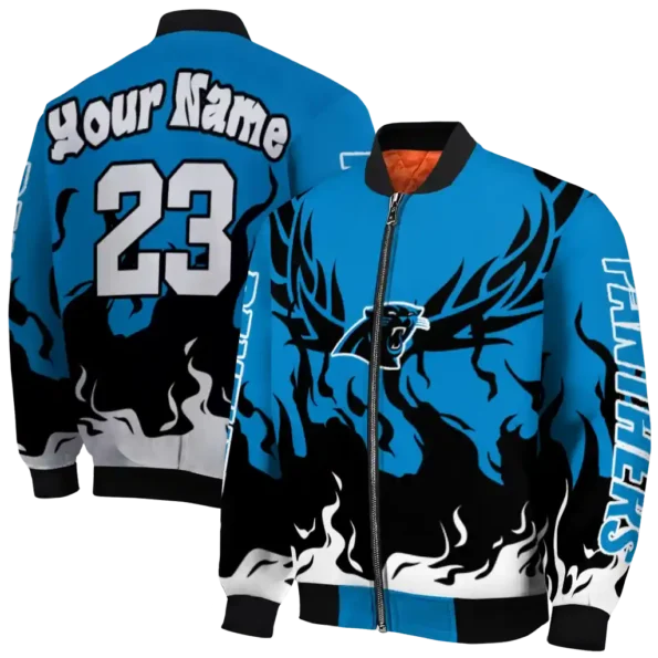 personalized carolina panthers winged blaze blue white bomber jacket fashion forward