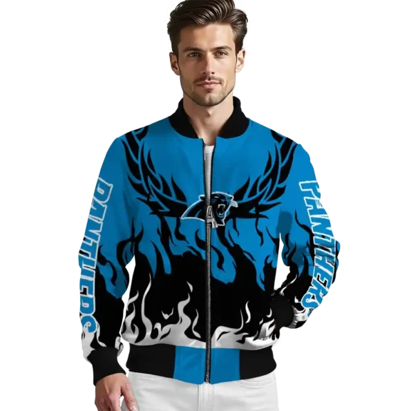 personalized carolina panthers winged blaze blue white bomber jacket high quality