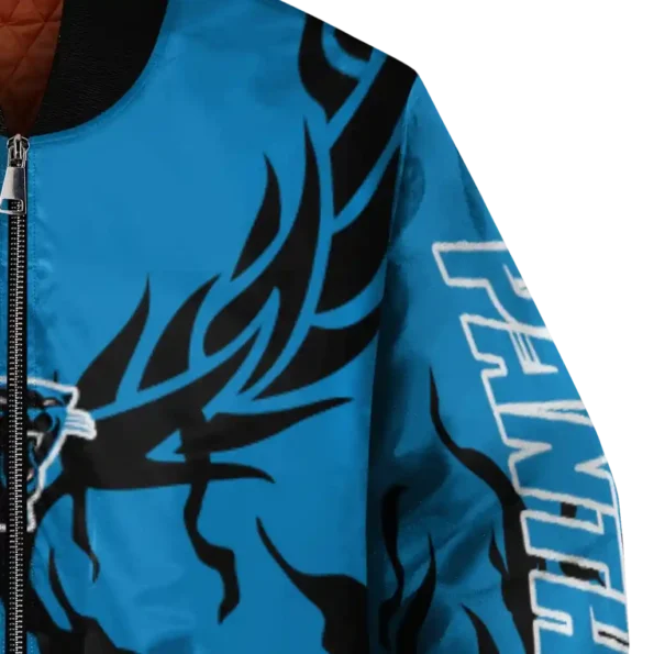 personalized carolina panthers winged blaze blue white bomber jacket premium grade