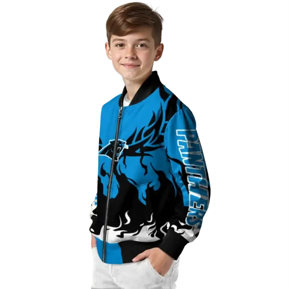 personalized carolina panthers winged blaze blue white bomber jacket trendy