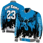 personalized carolina panthers winged blaze blue white varsity jacket best selling.webp