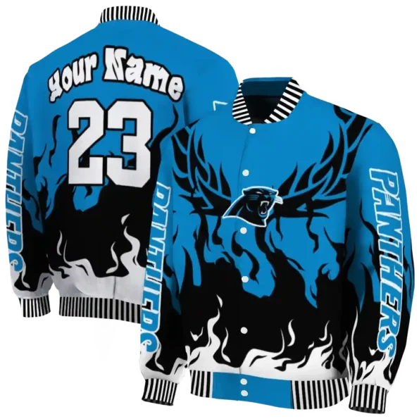 personalized carolina panthers winged blaze blue white varsity jacket fashion forward.webp