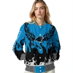 personalized carolina panthers winged blaze blue white varsity jacket best selling.webp