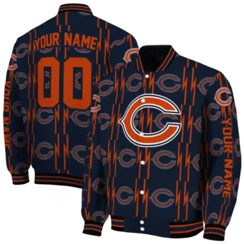 personalized chicago bears bolt stripe blue varsity jacket fashion forward.webp