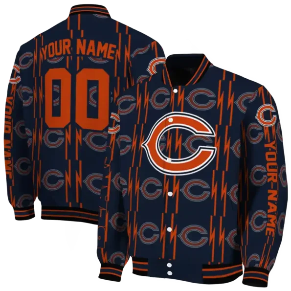 personalized chicago bears bolt stripe blue varsity jacket fashion forward.webp