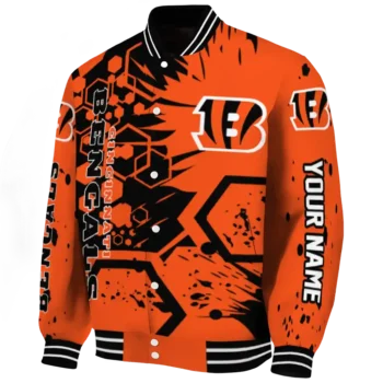 personalized cincinnati bengals hexagon cluster orange black varsity jacket best selling.webp